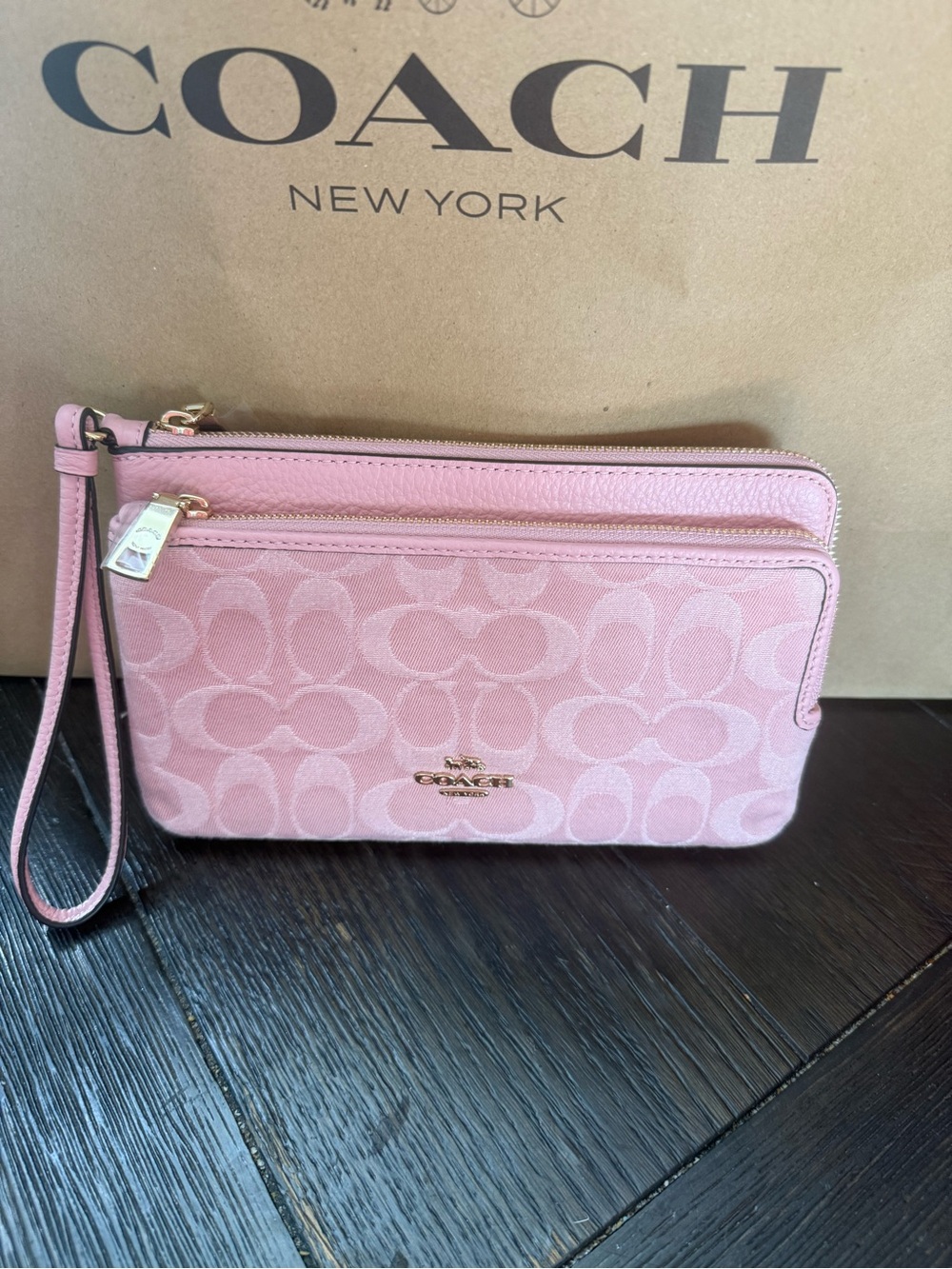 Coach Pink Signature Double-Zip Wristlet